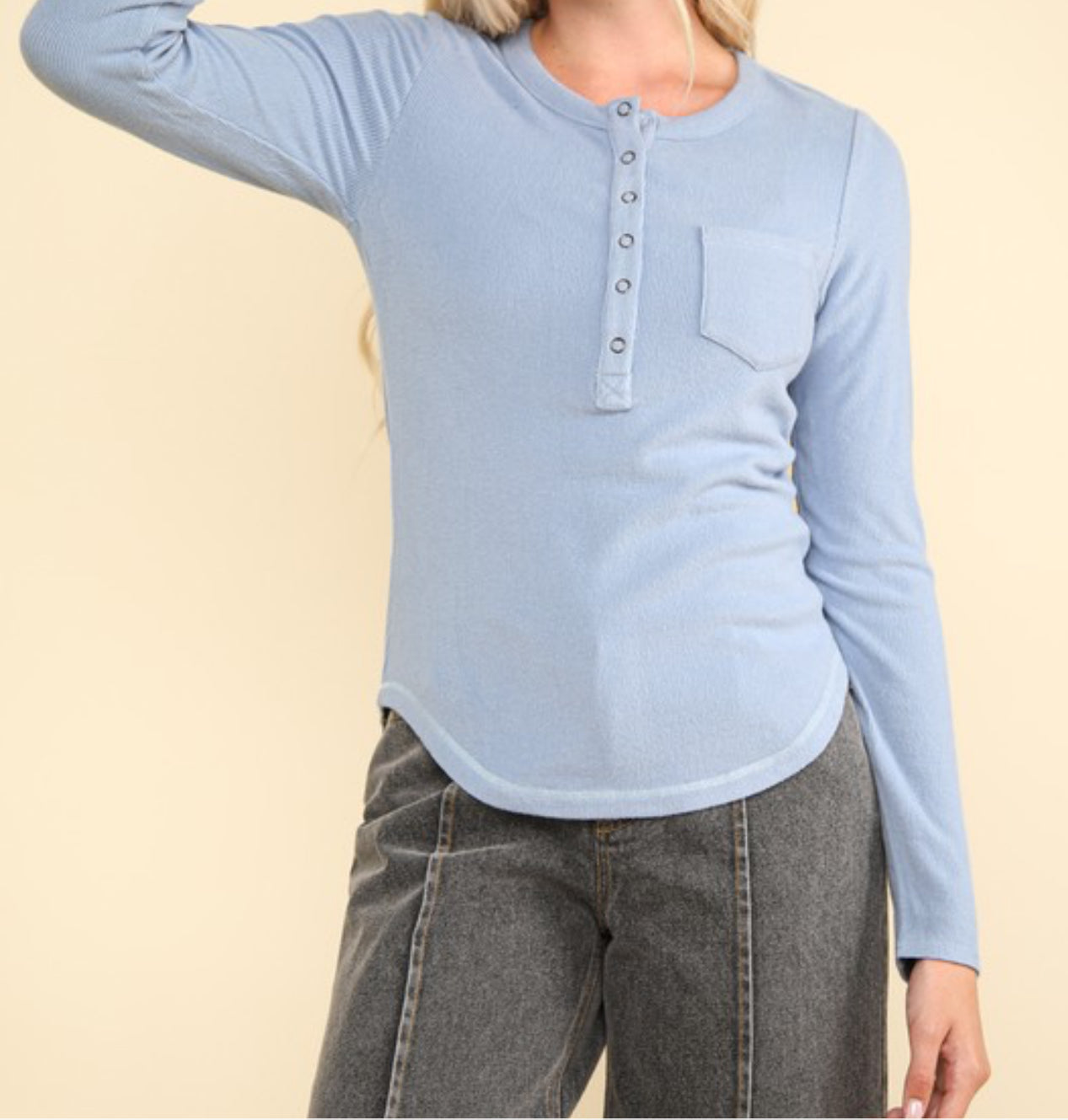 Soft cozy brushed ribbed knit top- SKY