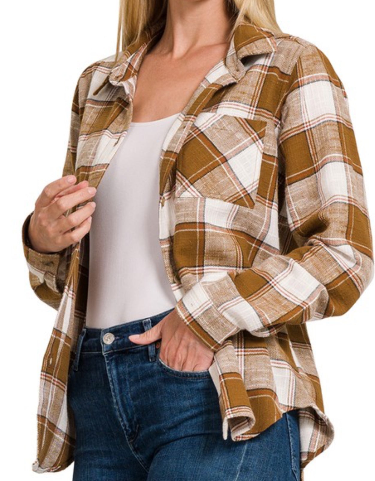 IDEAL PLAID SHACKET W/FRONT POCKET- CAMEL