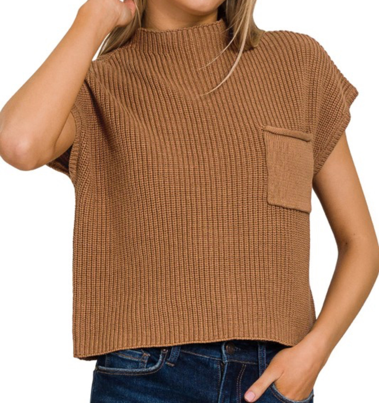 FAVORITE MOCK NECK SHORT SLEEVE SWEATER- DEEP CAMEL