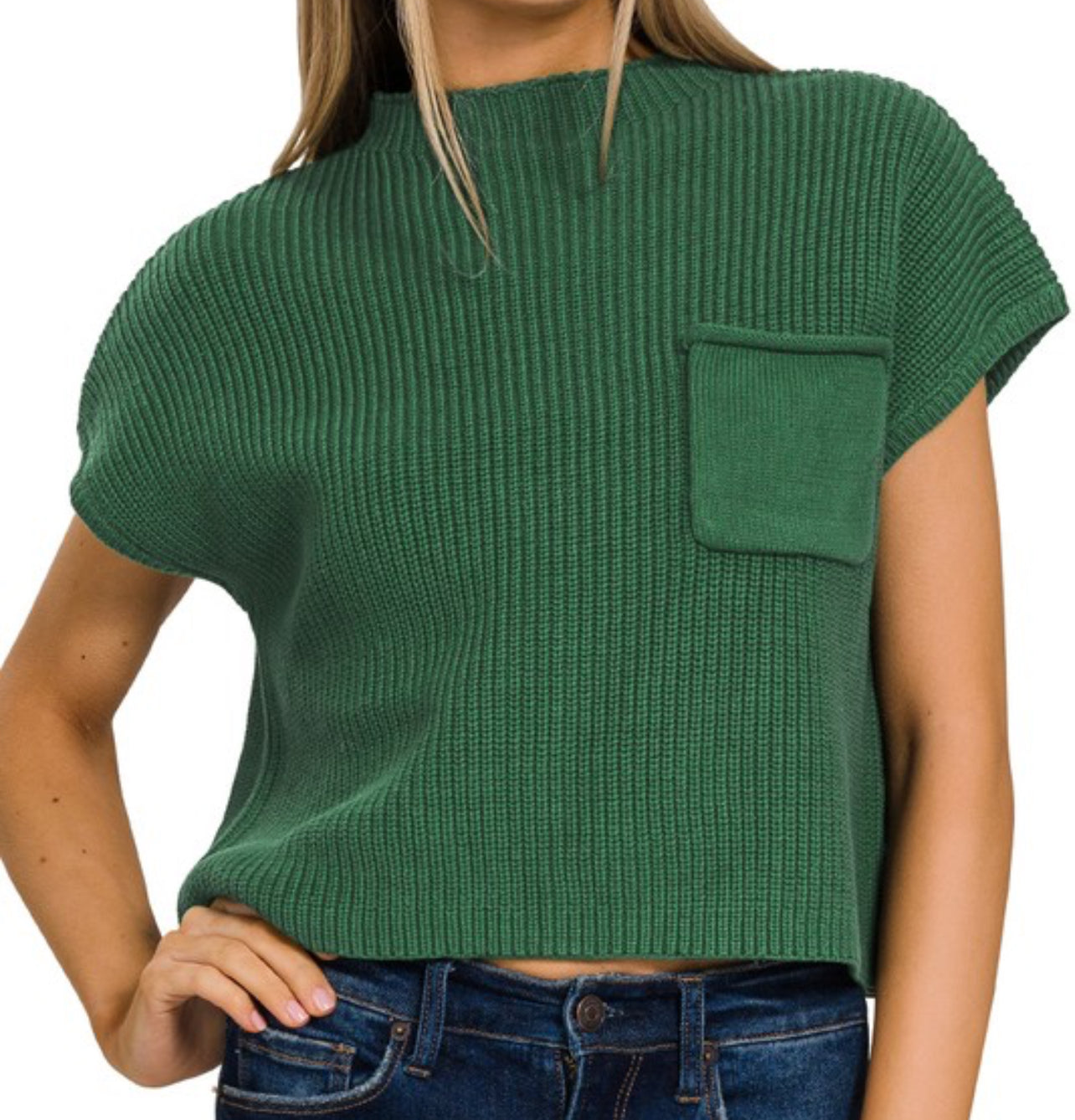 FAVORITE MOCK NECK SHORT SLEEVE SWEATER-DK GREEN