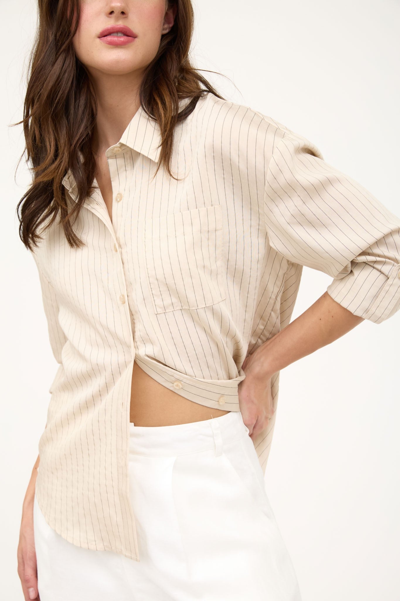 Pinstripe Collared Long Sleeve- Beige