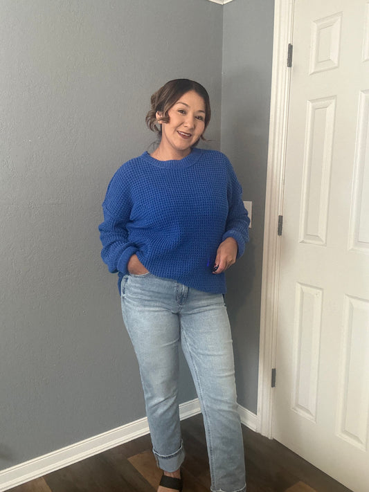 Oversized Knit Sweater Pullover Top- ROYAL BLUE