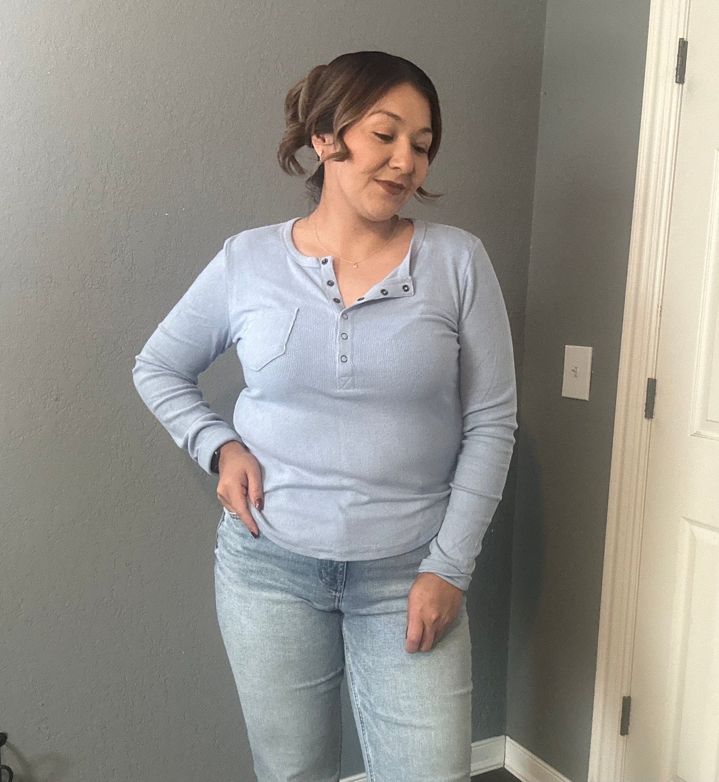 Soft cozy brushed ribbed knit top- SKY