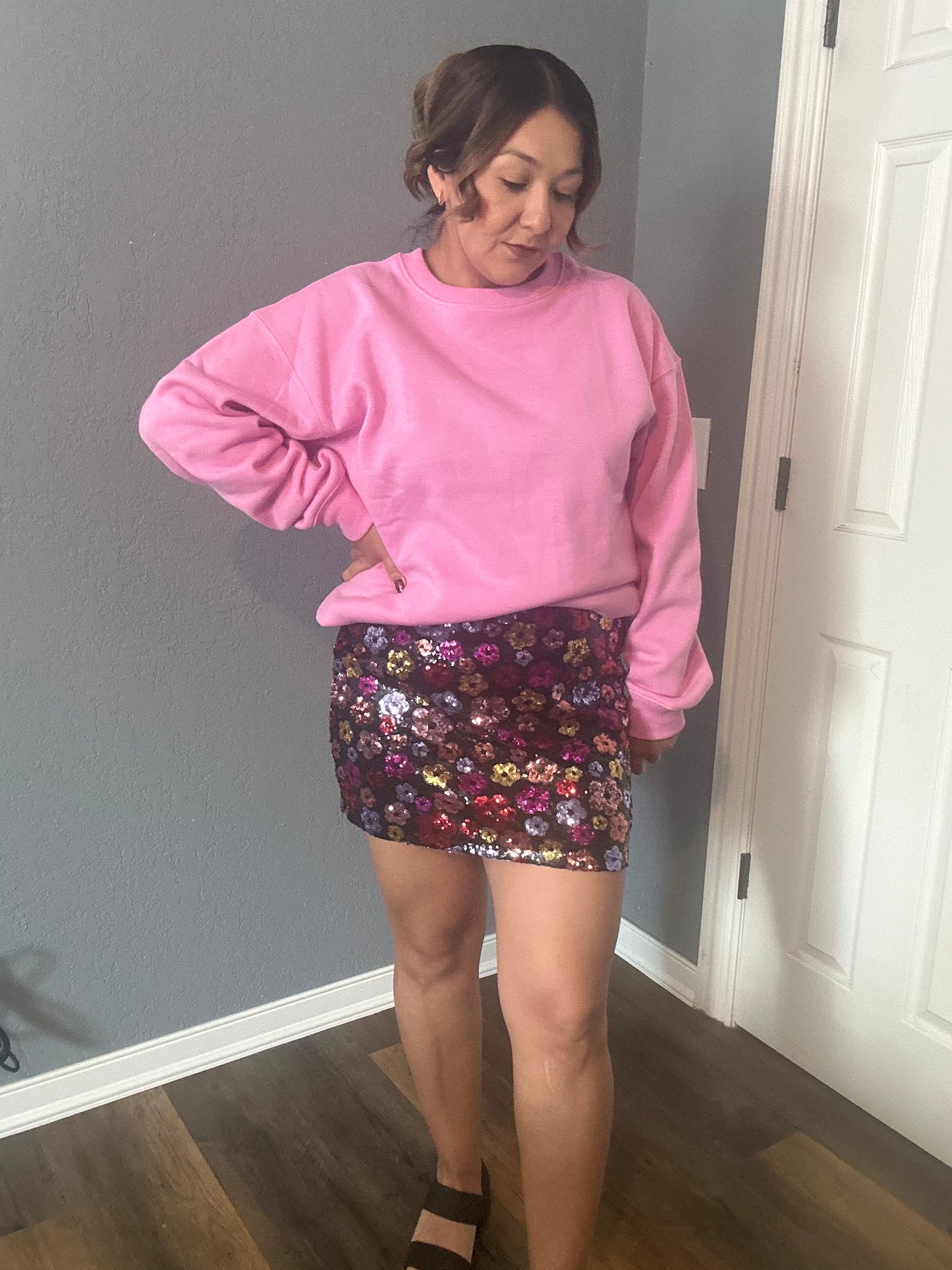 Floral Sequin Holiday Mini Skirt - PINK