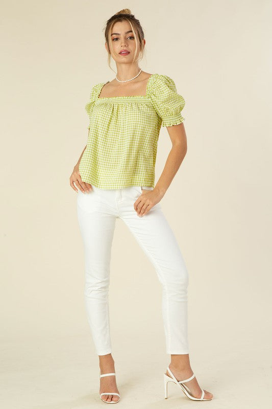 Smocked blouse with puff sleeve- Green Gingham