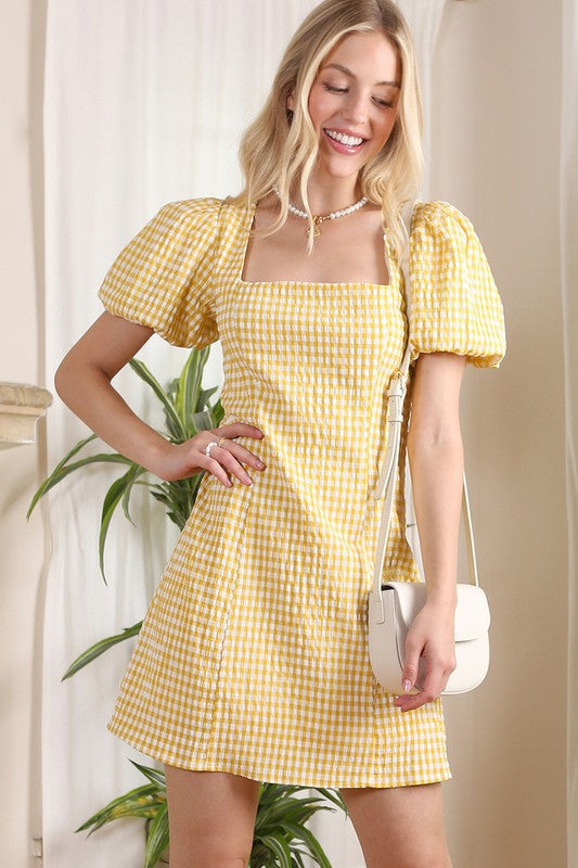 Perfect Puff Sleeve with Back Strap Dress- Yellow Gingham