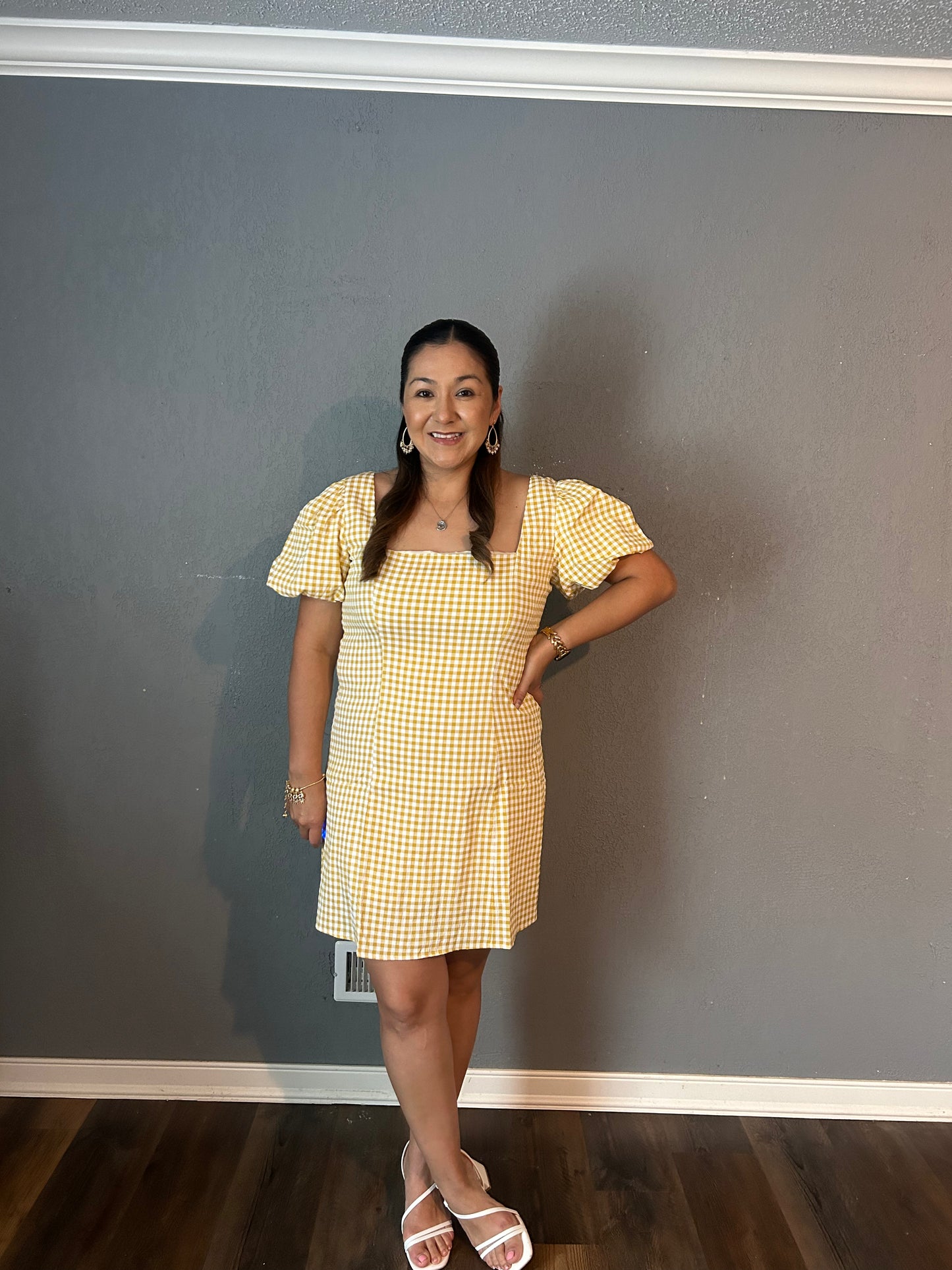 Perfect Puff Sleeve with Back Strap Dress- Yellow Gingham