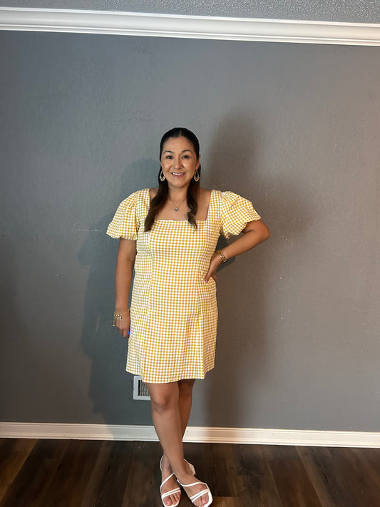Perfect Puff Sleeve with Back Strap Dress- Yellow Gingham