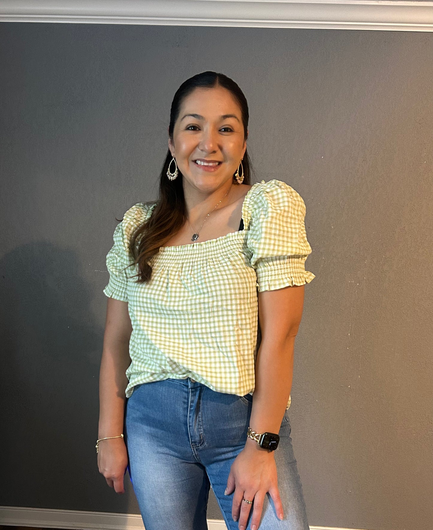 Smocked blouse with puff sleeve- Green Gingham