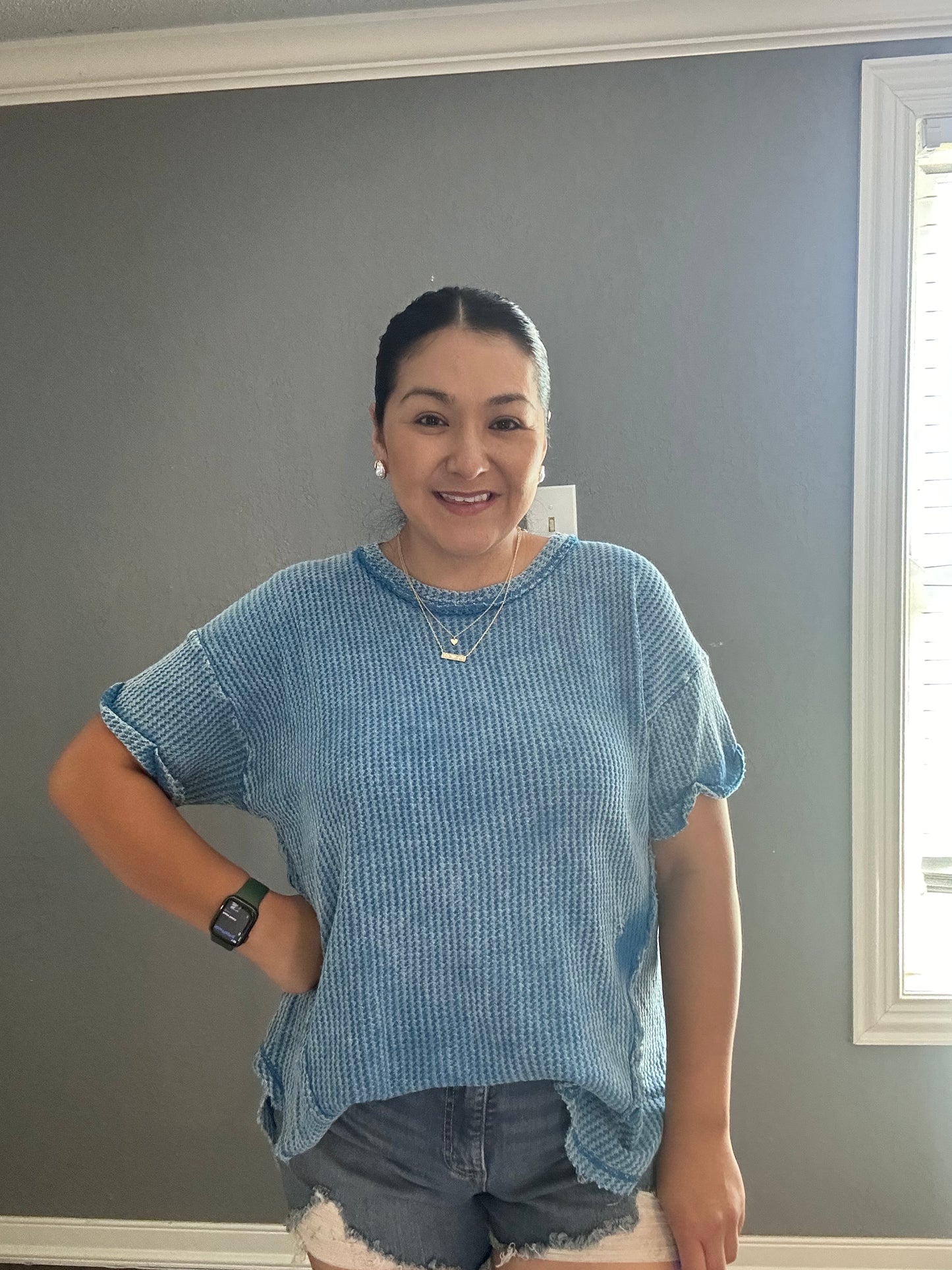 Waffel Sleeve Top - Classic Blue