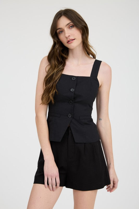Square Neck Button Down Blouse- Black