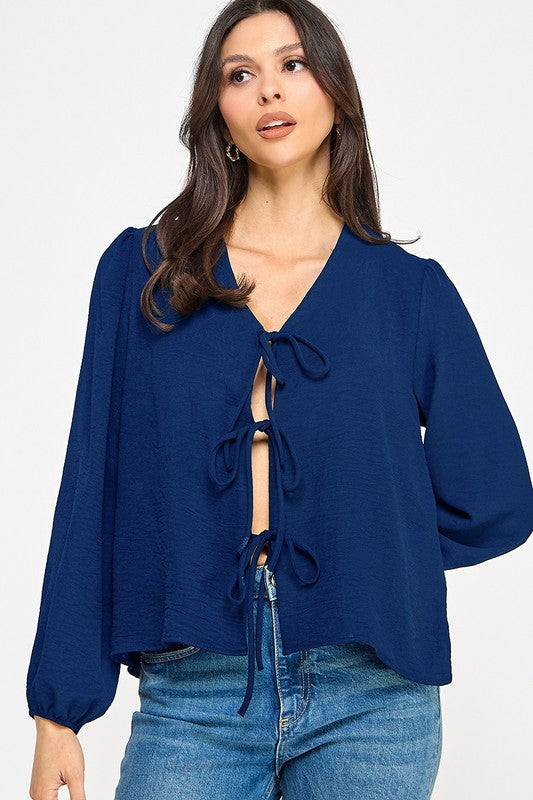 SUNSOUT TIE FRONT BLOUSE - NAVY