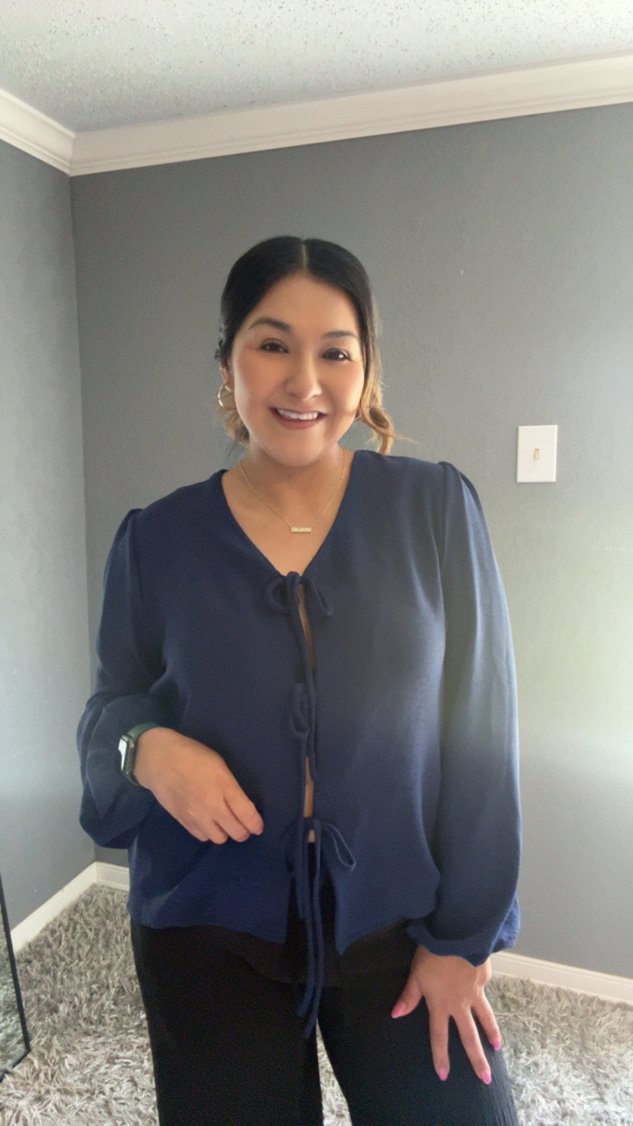 SUNSOUT TIE FRONT BLOUSE - NAVY