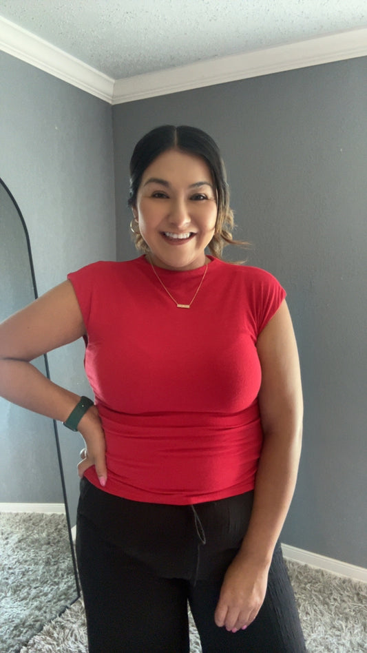 Neck Scrunch Knit Top- Red