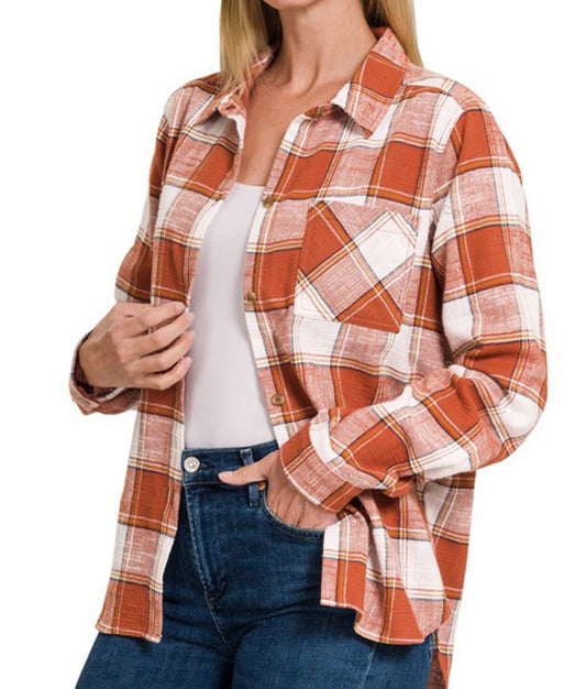 IDEAL PLAID SHACKET W/FRONT POCKET- RUST