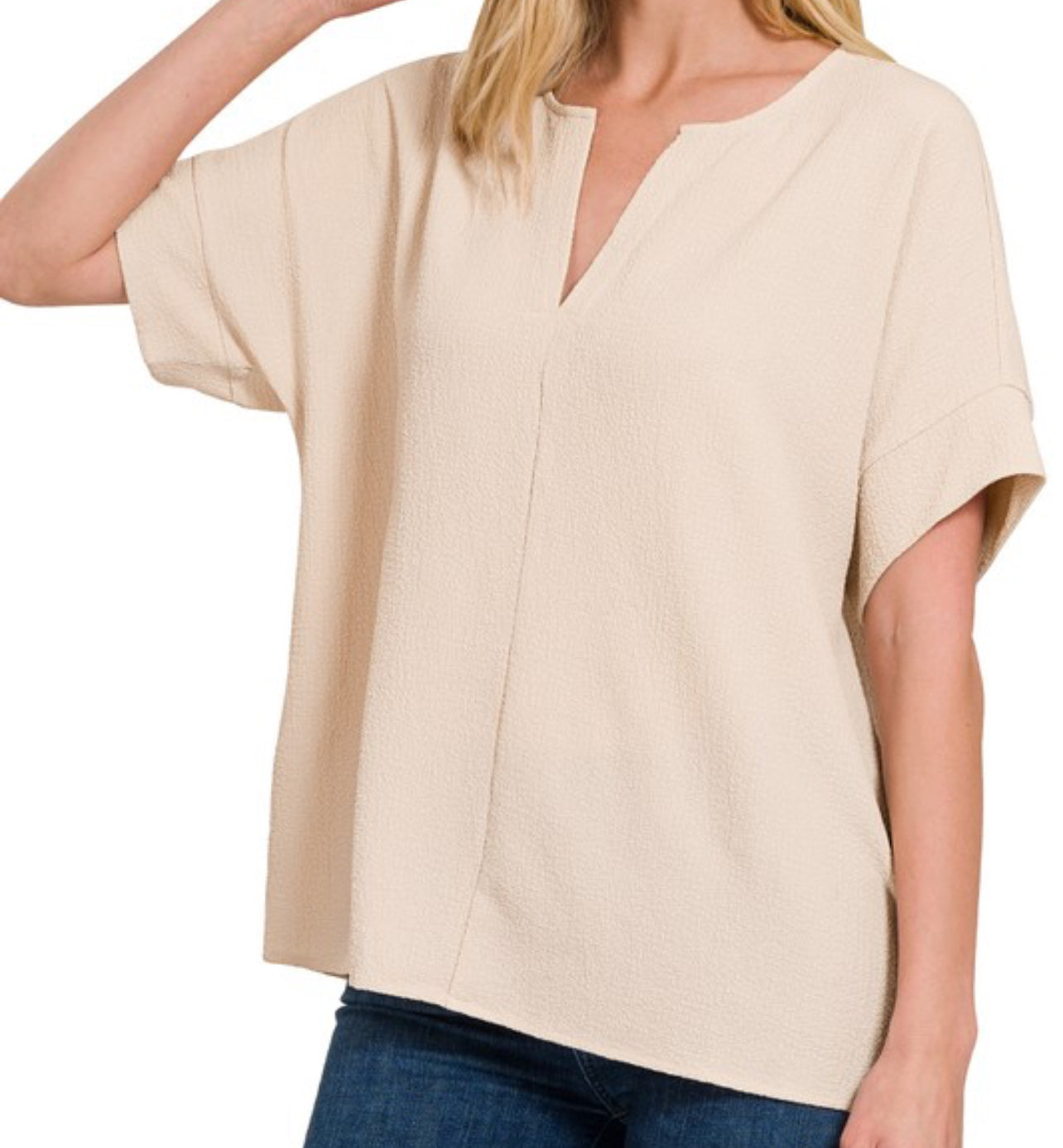 SPECIAL AIRFLOW SPLIT NECK TOP- SAND BEIGE