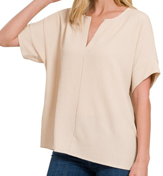 SPECIAL AIRFLOW SPLIT NECK TOP- SAND BEIGE